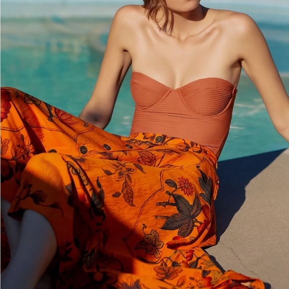 Anthropologie Orange Floral Hankerchief Button Front Midi Skirt w/Pockets - Picture 4 of 10